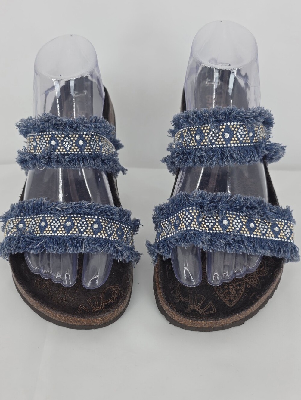 MUK LUKS Womens 8 Denim Rhinestone Studded Fringe Slide Sandals Boho Festival